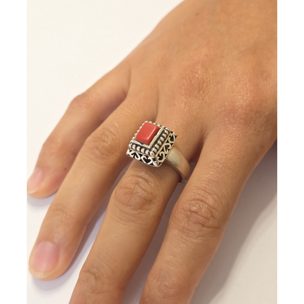 Vintage Sterling Silver & Red Coral Openworks Statement Ring Size 9